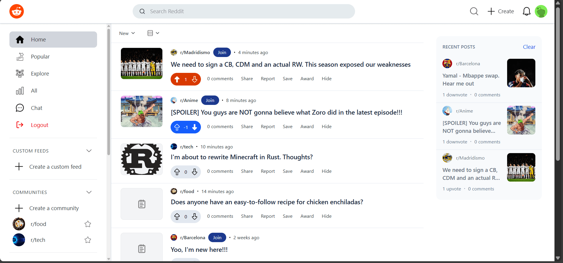 Reddit clone homepage